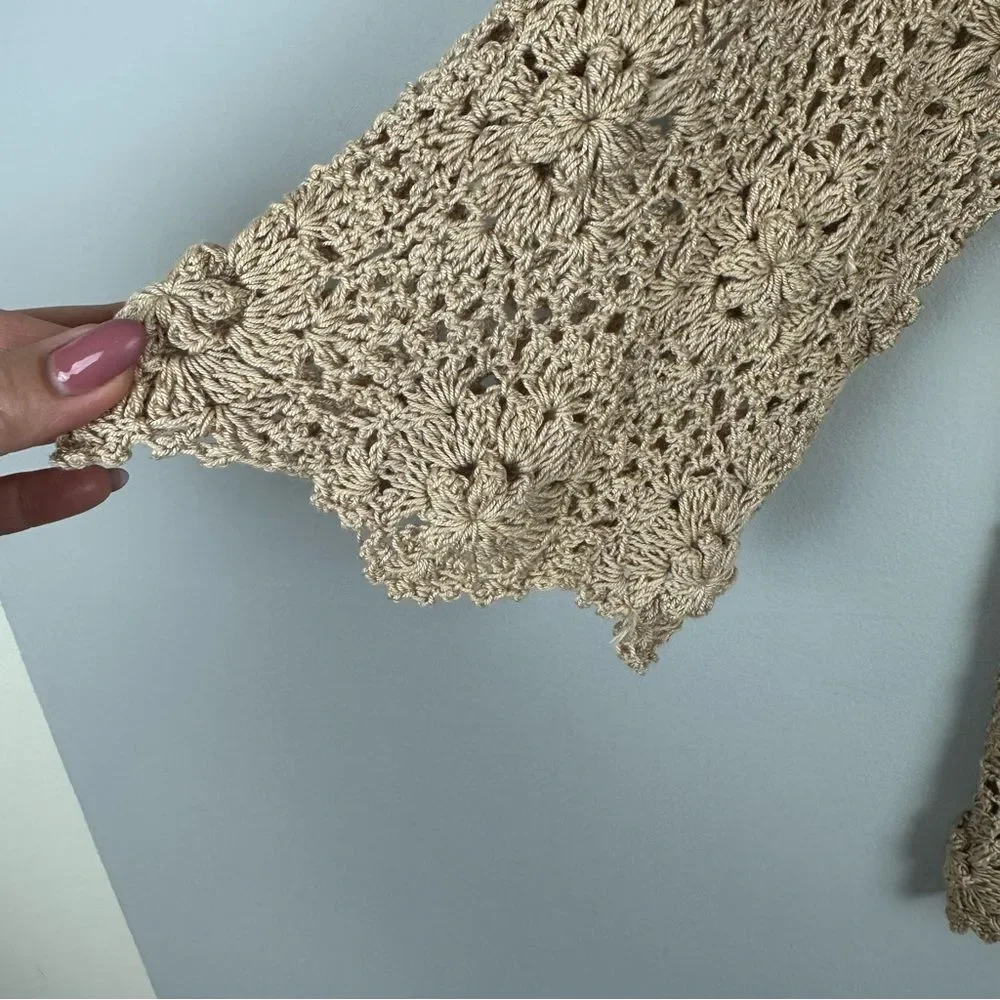 Handmade Crochet Knit Floral Sweater Top – Beige Boho Open Knit – Fits Like M